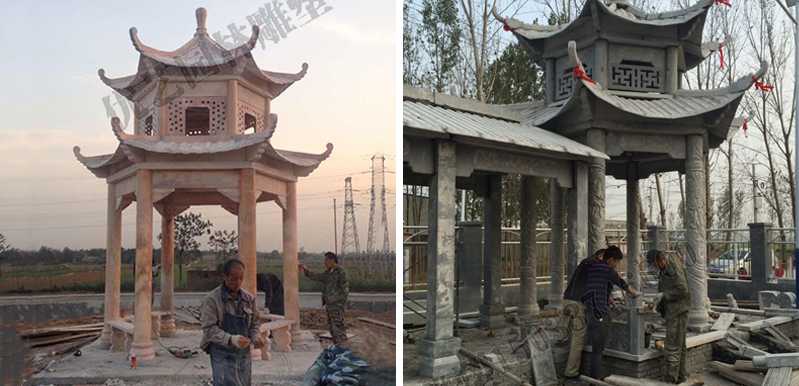 中式大理石涼亭安裝，石雕景觀亭子工廠，中式涼亭廠家